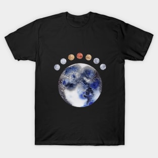 Abstract Planet Moons in Black, Blue. Gold, Silver, and Copper T-Shirt